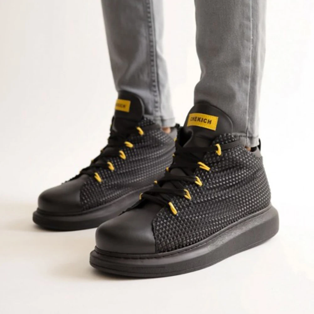 

FOH Store Men Boots Shoes BLACK YELLOW Artificial Leather Lace Up Sneakers 2023 Comfortable Flexible Fashion Wedding Orthopedic Walking Sport Lightweight Odorless Running Breathable Hot Sale Air New Brand Boots 111