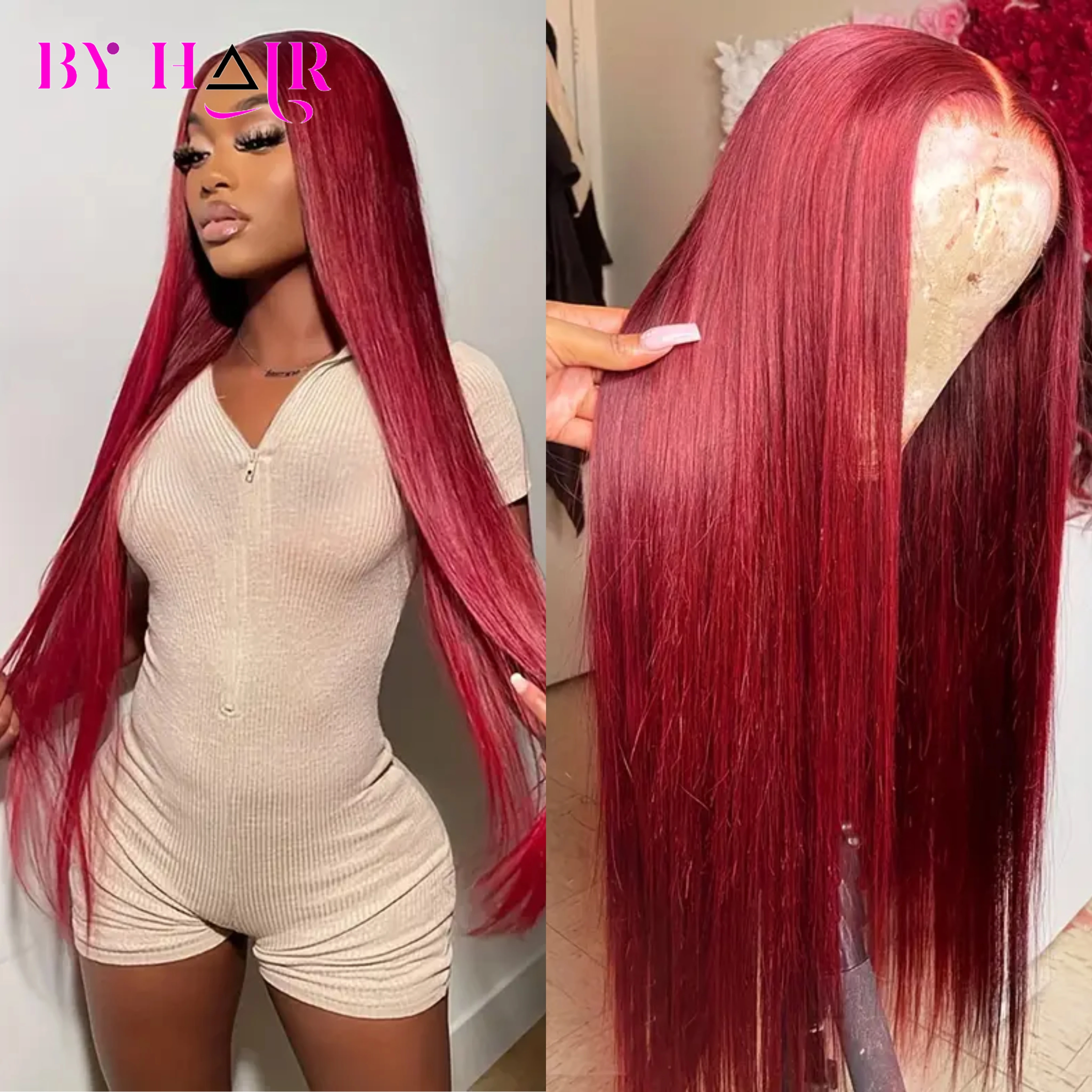 Burgundy 13x6 HD Transparent Lace Frontal Human Hair Wig Straight wig 13x6 Lace Front Human Hair Wig For Women 99J Colored 180%