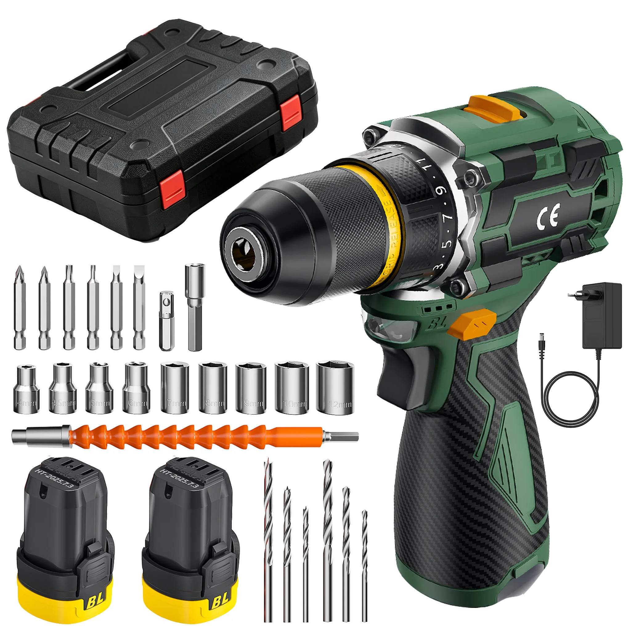 Taladro Atornillador Inalámbrico Sin Escobillas de 55N.m, Mandril de 10mm, 23+1 Niveles de Torque, Múltiples Accesorios, Kit de