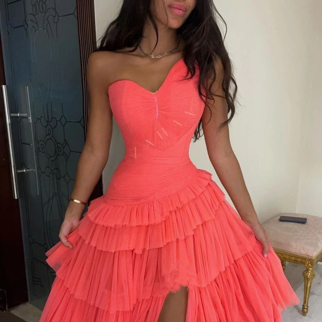 Fairytale V-Neck Prom Dresses Sleeveless High Fork Floor-Length Red Layered Wedding Party Zipper Up Tulle Stain 2023