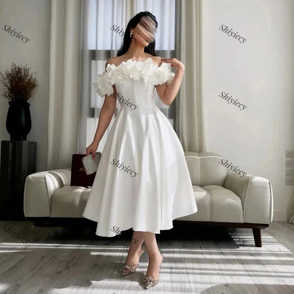 Elegant Off the Shoulder Evening Dress with 3D Flowers A-Line Tea Length Satin Prom Dress High Quality  فساتين سهره فخمة  2024