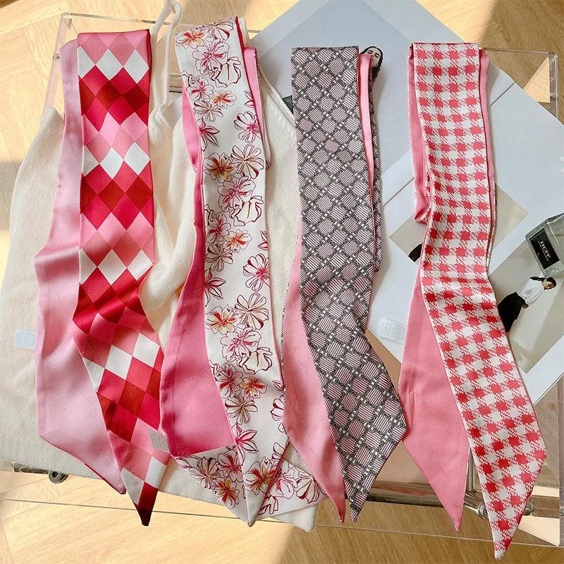 Pink flowers Diamond pattern ribbon Silk scarf Korean style turban headband for women Versatile for daily commuting Bandana
