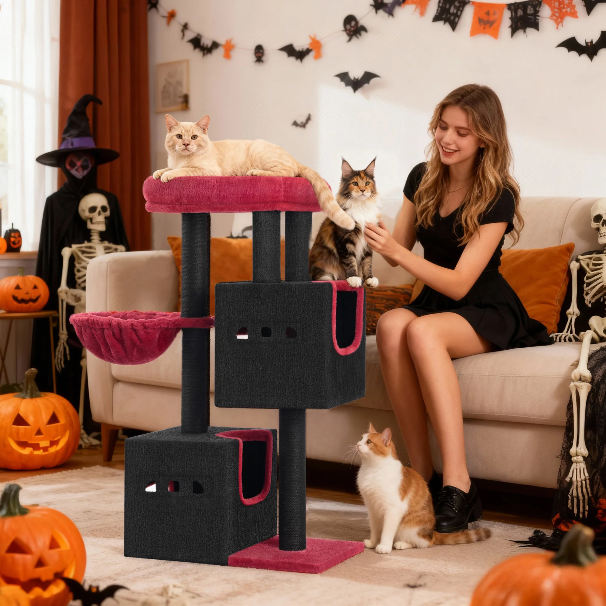 Tiragraffi stabile per gatti da 98 cm con grande superficie sdraiata, grotta per gatti, pali in sisal, palline di peluche, albero da gioco per mobili per gatti, nero / rosso