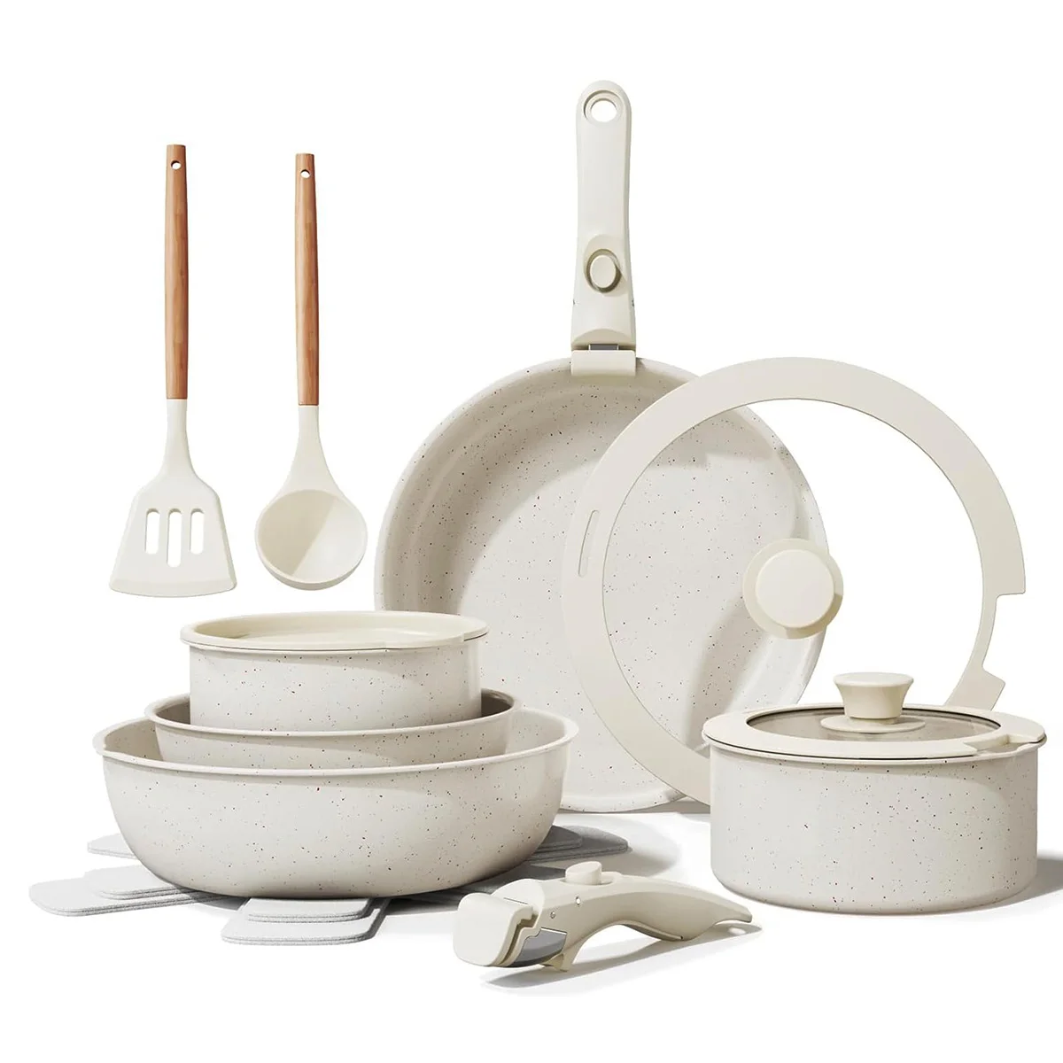 Juego de 17 Piezas - Set Ollas y Sartenes Klack – Antiadherente con Revestimiento de Granito, Mango Desmontable, Sin PFOA, Compatible con Gas, Electrico, Vitro e Inducción