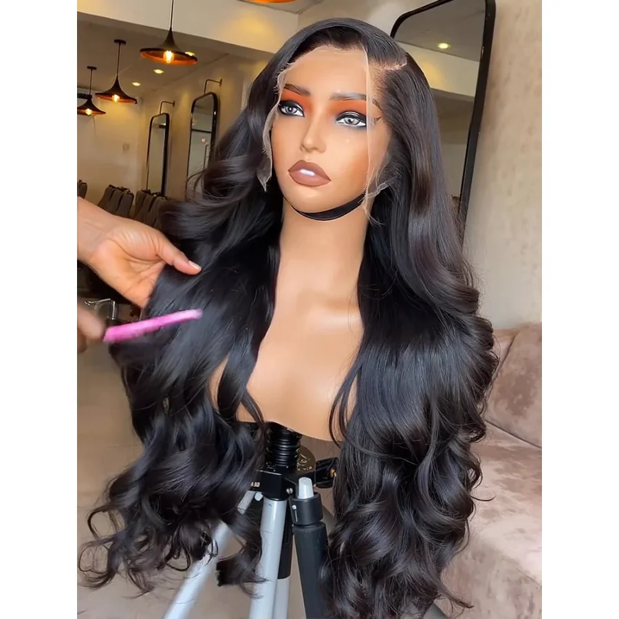 

200% объемная волна 13X4 13x6 прозрачные кружевные фронтальные парики из натуральных волос 40 дюймов предварительно выщипанные с детскими волосами для женщин черный цвет