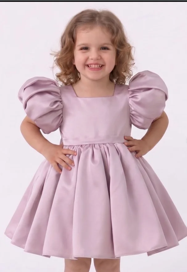Customized Puff Sleeve Flower Girl Dress For Wedding With Bow Satin Cute Baby Elegant Kids Birthday Party First Communion Gown