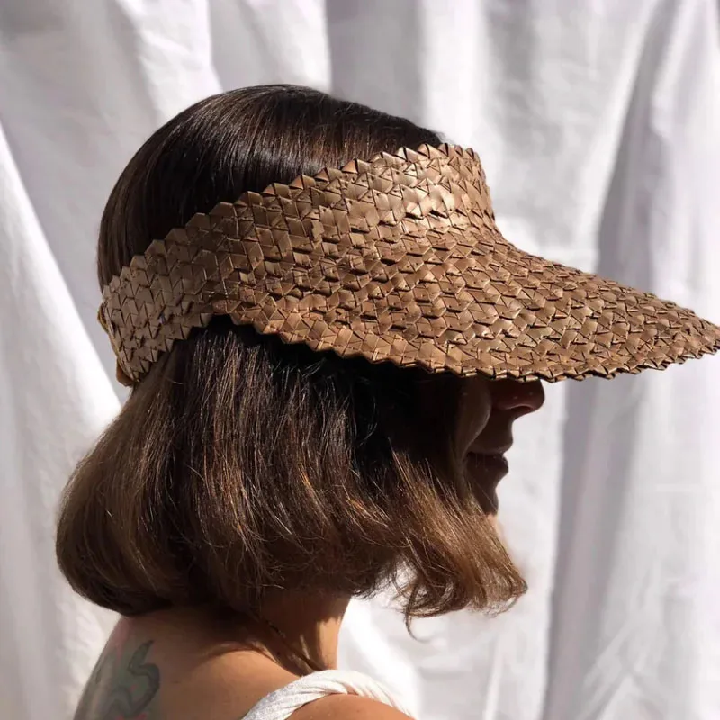 Rattan Sun Visor Hat for Women Natural PALM LEAF VISOR Wide Brim Sun Cap Girl Sunshade Summer Straw Beach Hat Derby Vacation Hat