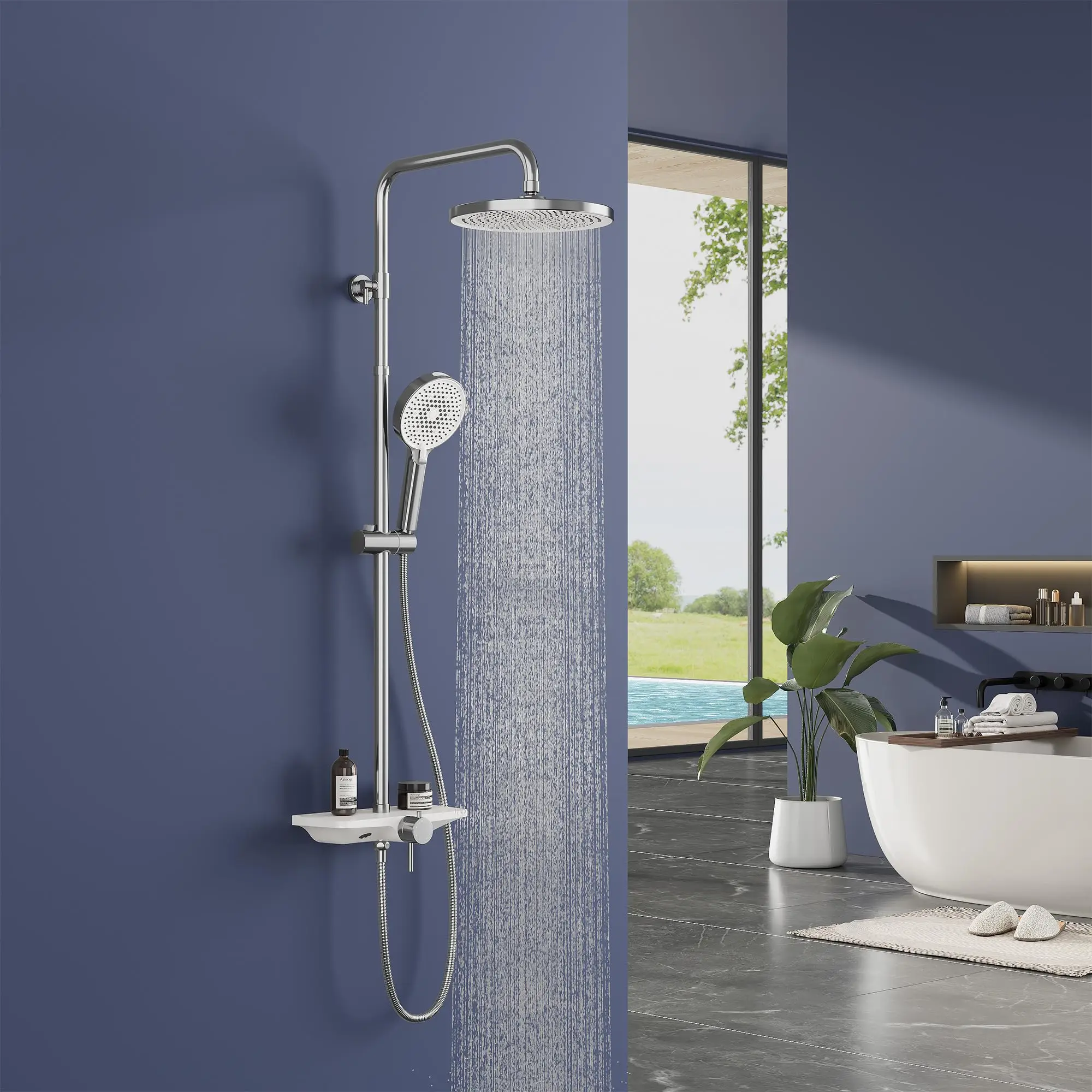 Système de douche pour salle de bain - Pommeau de douche pluie rond de 250 mm, barre réglable en hauteur, incl. Douche à main multifonction 3+1 avec pistolet de bidet, tuyau anti-fuite à fixation murale
