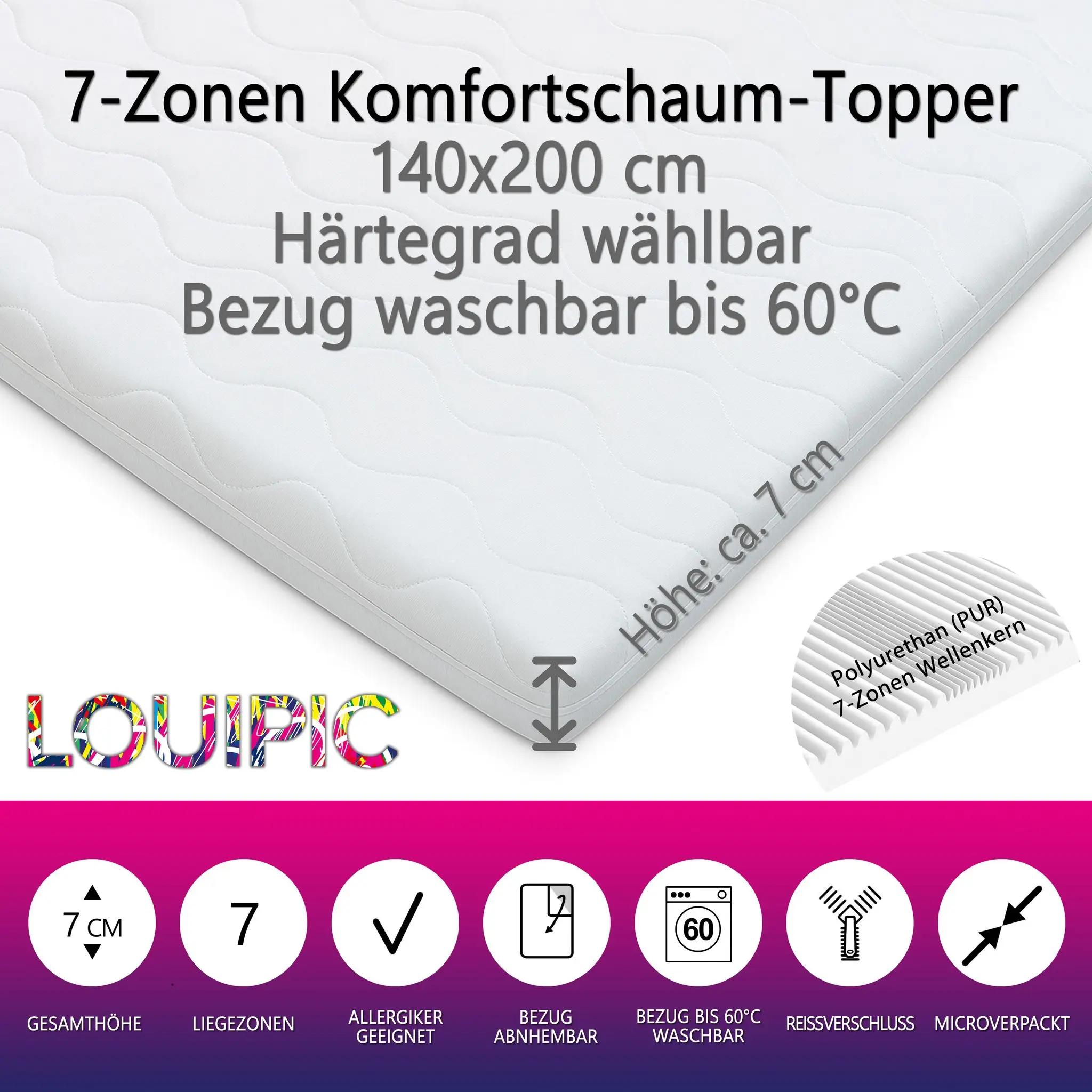 Topper 140x200 cm 7cm 7-Zonen Bezug waschbar bis 60 Grad Oeko-TEX® 100