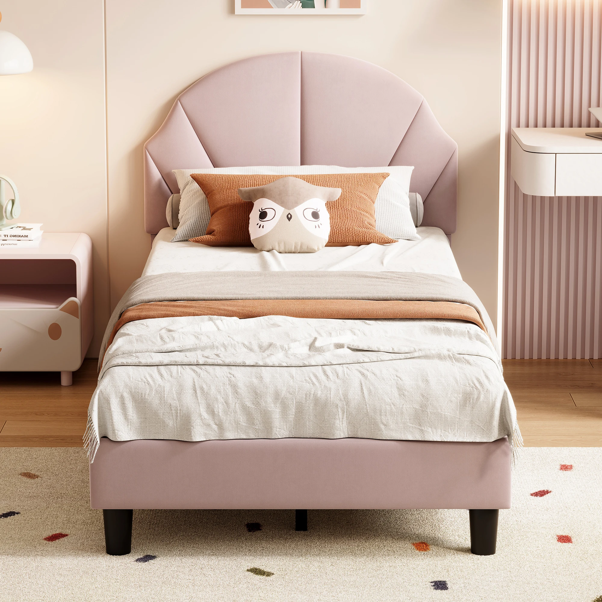 Anajqaqia 90 x 200 cm Kinderpolsterbett, Muschelförmiges Kopfteil, Weiches Rosa Samt-Einzelbettgestell für Kinder, Jugendliche & Gästezimmer
