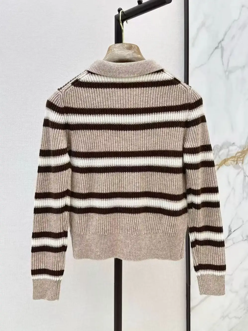 Elegant Classic Mohair Cashmere Color Block Striped Lapel Cardigan
