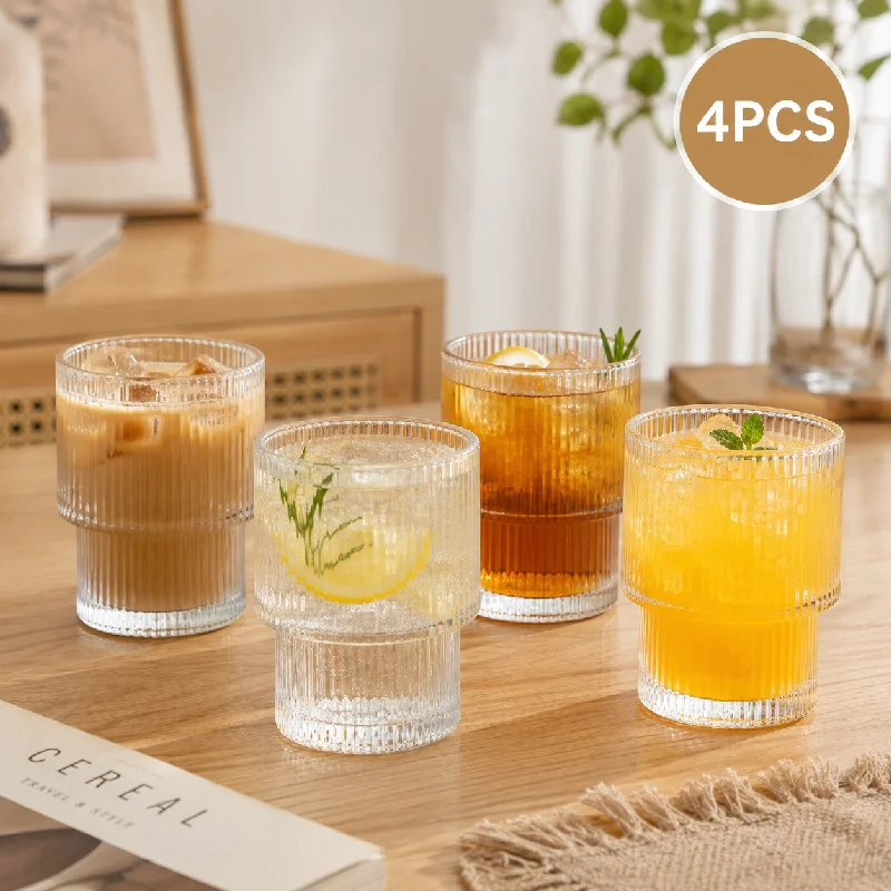 190ml Stackable Ribbed Glass Cup Set 2/4PCS Available Vertical Stripe Design Saves Space Great for Whiskey Iced Coffee Juice Tea - view 6