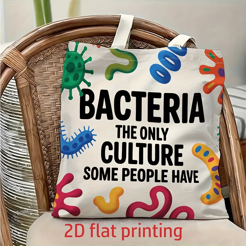 1 Piece of a Fun Biology-Themed Canvas Shoulder Bag with Vibrant Images of Bacteria, Viruses, and Microorganisms, Lightweight Foldable Storage Tote Bag with Fixed Shoulder Strap, Reusable Shopping Bag, Perfect Gift for Commuting, Traveling, Shopping, School, and Holidays