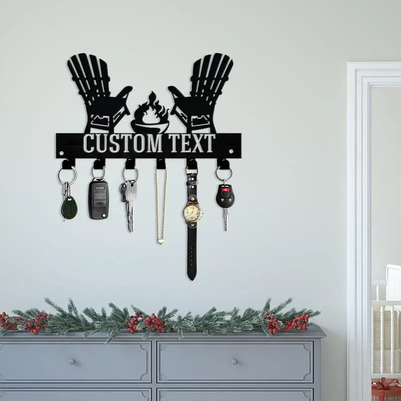 Personalized Campfire Glove Key Holder, Wall-Mounted Metal Organizer with Fire Pit Silhouette for Rustic or Outdoor-Themed