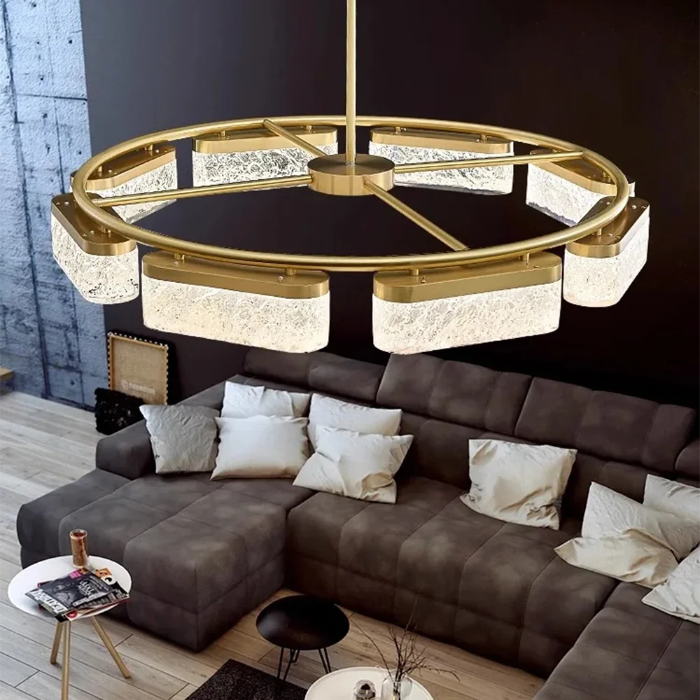 Gold Luxury Frosted Glass Crystal Round Chandelier Linear Pendant Classic Designer Lighting Fixture for Dining Room Living Room