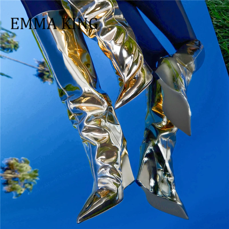 

Women Metallic Leather Knee-High Boots Sexy Pointed Toe Wedge Heels Runway Boots Female Fashion Slip On Shoes Botas De Mujer