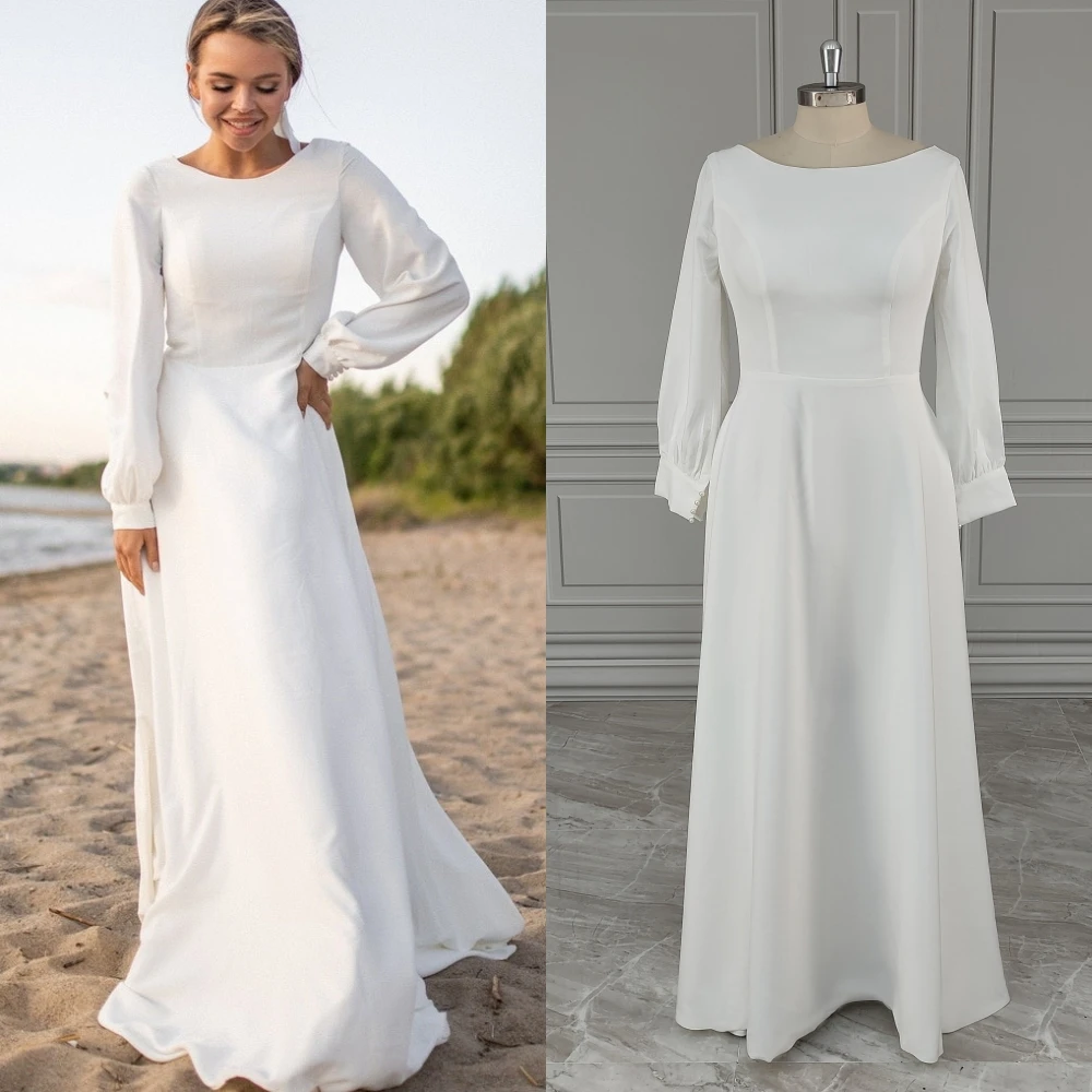 11545 # semplice elegante manica lunga o-collo Boho Chiffon aperto indietro Sweep treno abito da sposa abito da sposa abito da sposa