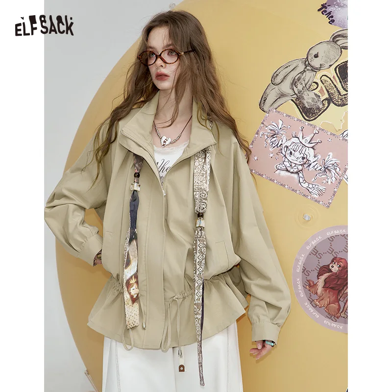 

ELFSACK 2025, осенние новые поступления, повседневная однотонная короткая куртка с лентой на шнурке для женщин
