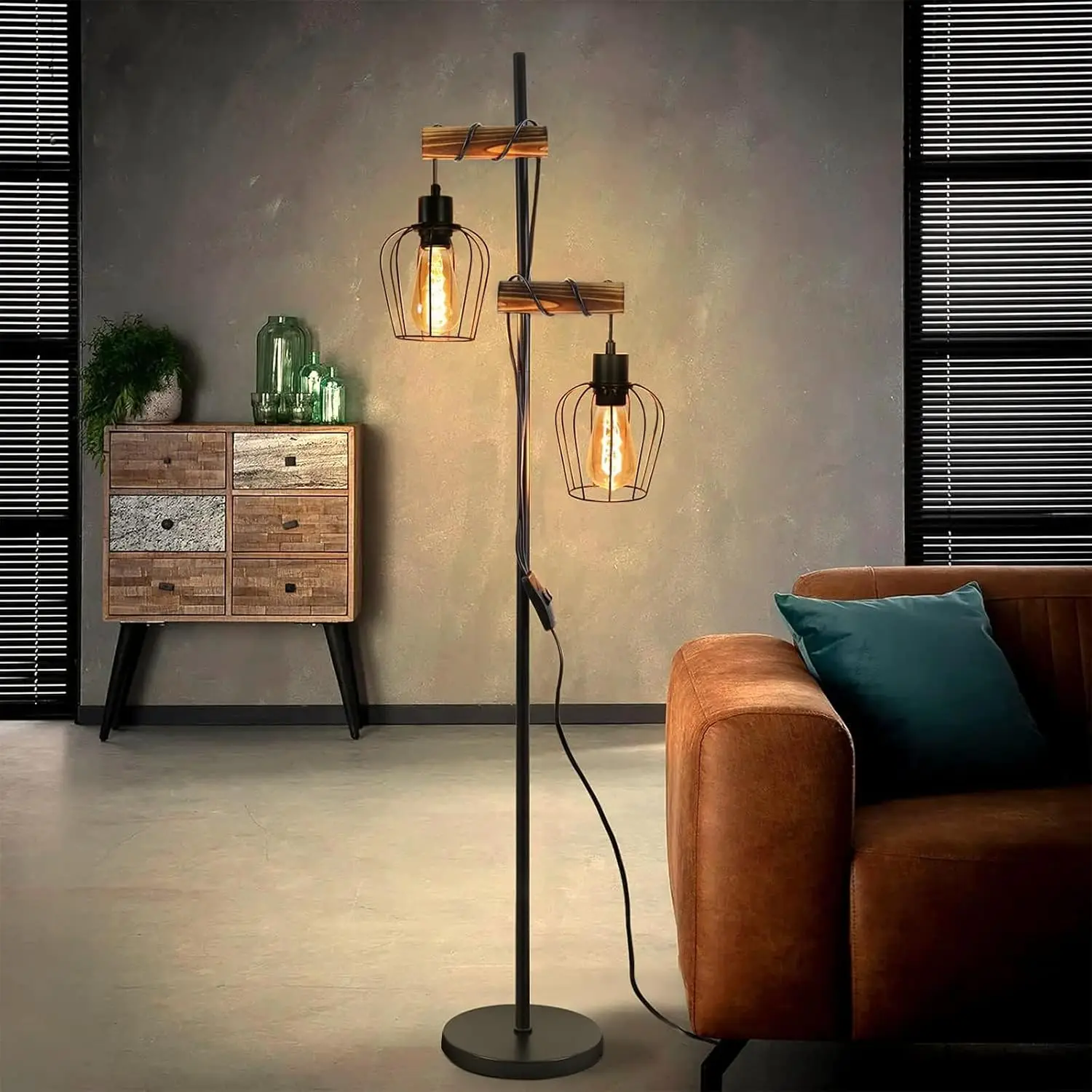 Stehlampe Wohnzimmer Holz Stehleuchte Schwarz - Vintage Wohnzimmerlampe stehend im Industrial Design Metall Standleuchte 2 flammig E27 Fassung 151cm Standlampe für Schlafzimmer (ohne Leuchtmittel)