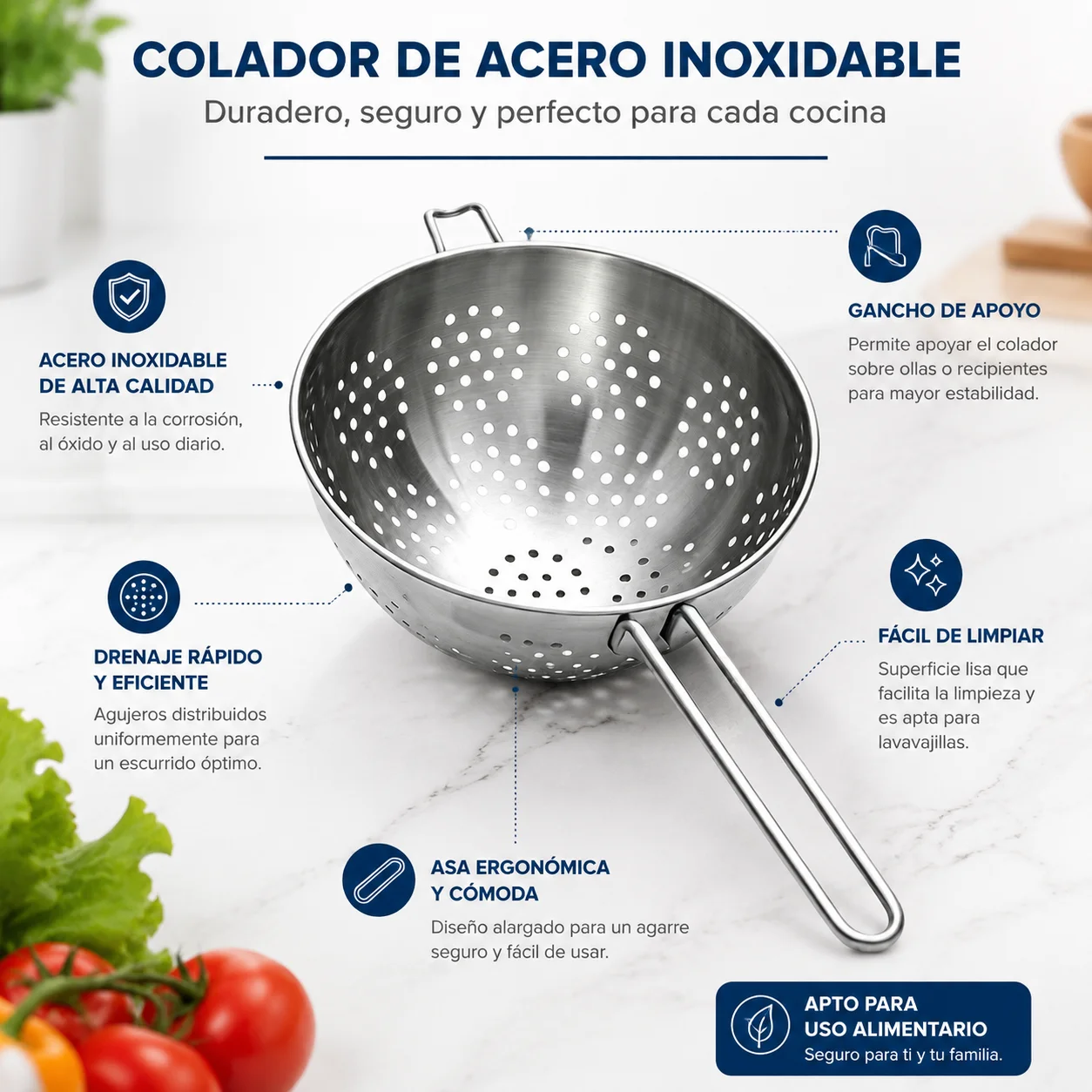 Cuillère écumoire en acier inoxydable, cuillère passoire robuste pour la friture et la cuisson, avec poignée ergonomique et égouttoir rapide, idéale pour les pâtes, le riz, les fruits et les légumes en cuisine
