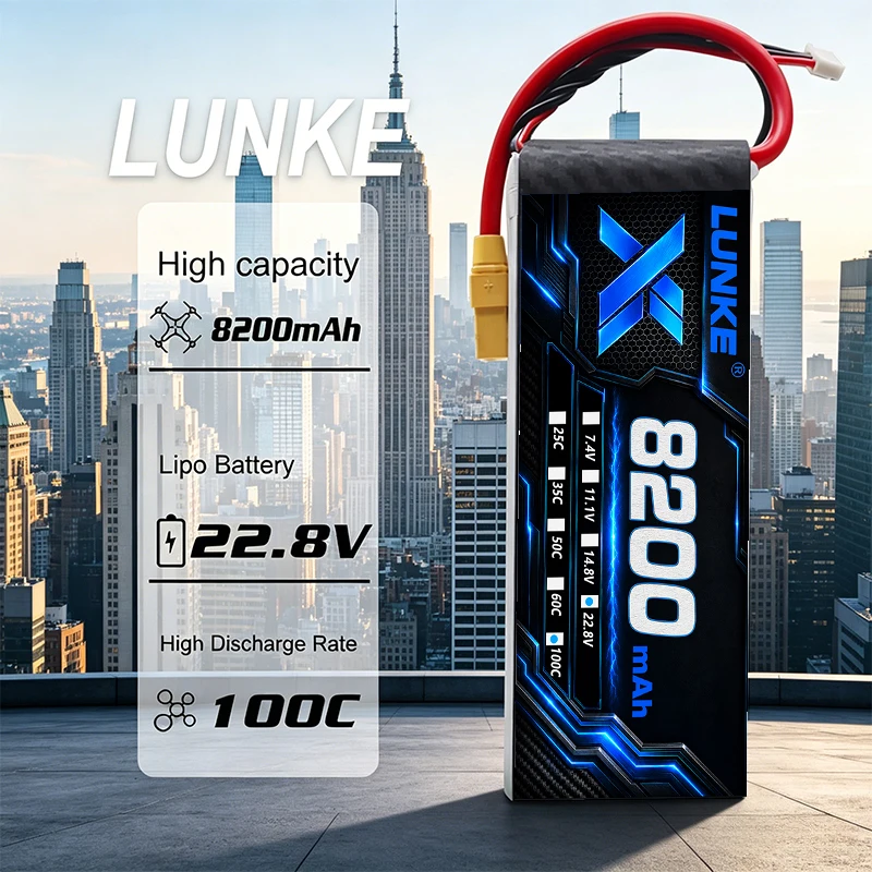 22.2V 8200mAh 100C 6S LiPo Battery XT60 Plug High Power Rechargeable Battery Pack for FPV Drone RC UAV