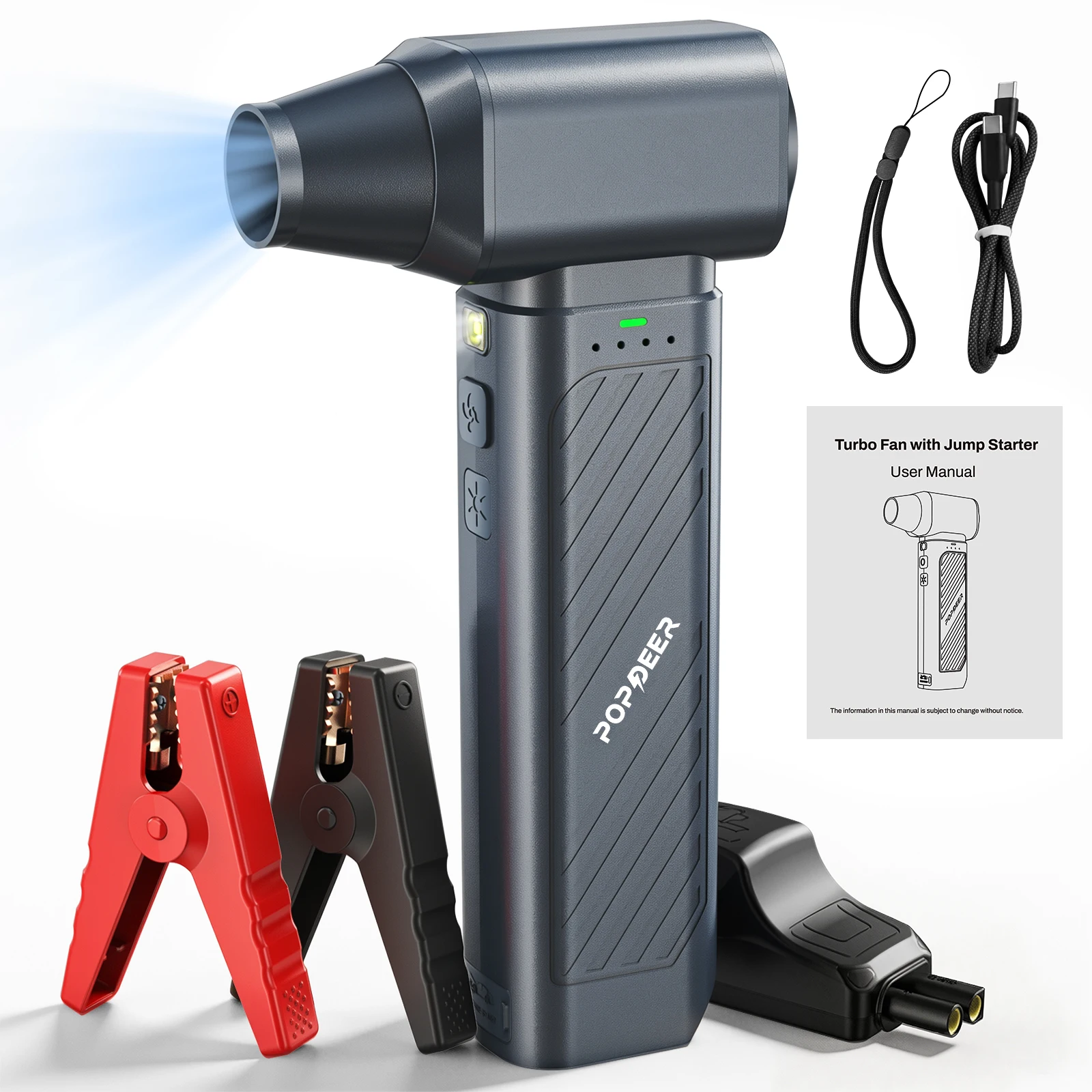 POPDEER PD-JT40 5000A Rozrusznik Samochodowy z Turbowentylatorem, Szybkie Ładowanie 65W, Bateria 16000mAh, 4-trybowa Lampa LED do Wszystkich Silników Benzynowych/Diesla 8.0L