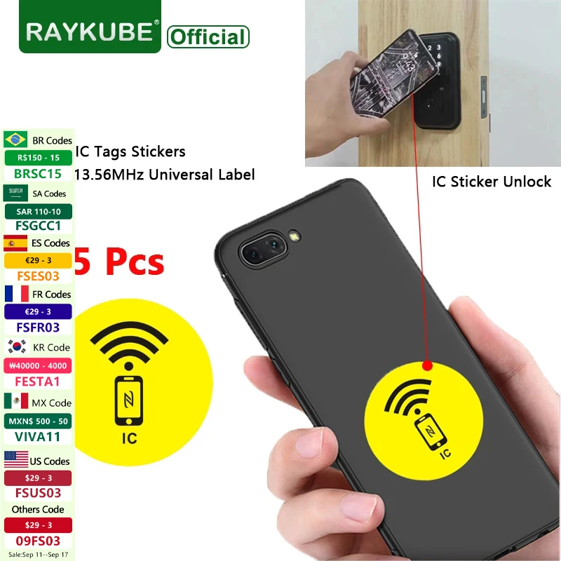 RAYKUBE 5 Pcs IC TAG Sticker 13.56MHz Universal Label Anti-Metal Tag NFC Mobile Phone Access Control Card Sticker