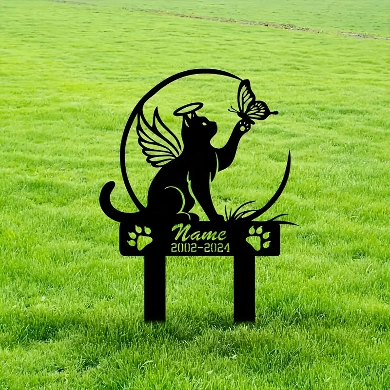 Custom Cat Memorial Plaque - Vintage Butterfly Design, Durable Iron Outdoor Garden Marker for Pet Loss Sympathy, Perfect