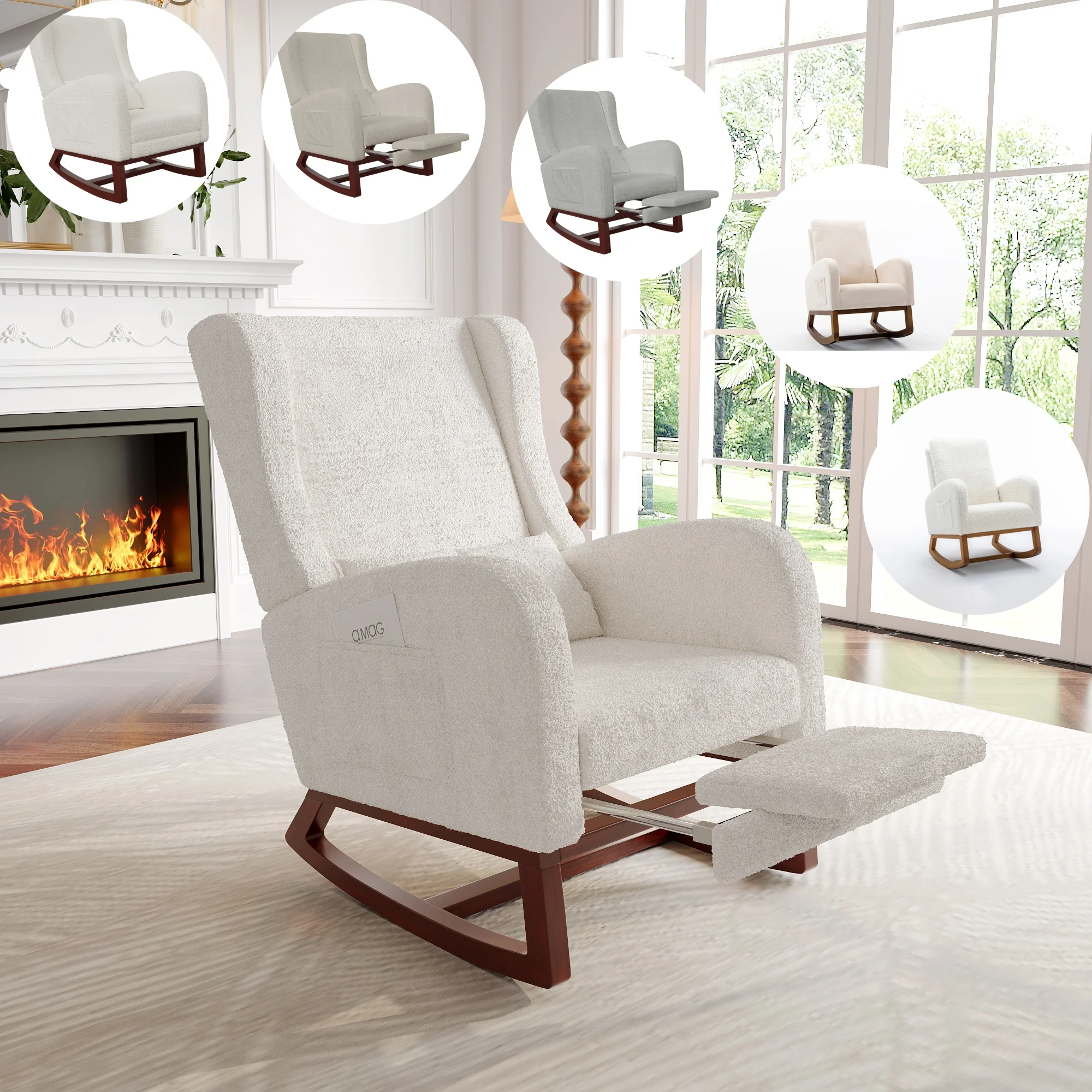 Anajqaqia Chaise à bascule, chaise longue, fauteuil avec poches latérales, chaise rembourrée avec coussin, pour salon et chambre à coucher