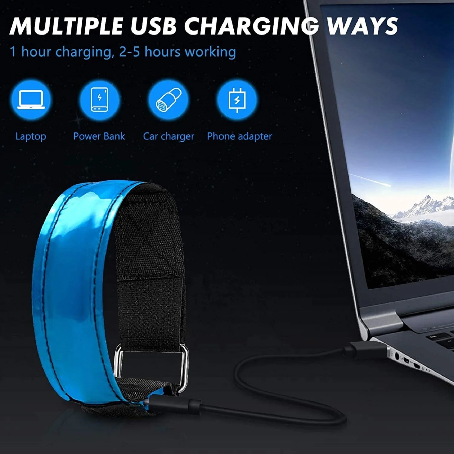 Brazalete Luminoso LED con carga USB para Seguridad en Correr por la noche, Banda Reflectante con Luz LED, Pulsera reflectante de seguridad para