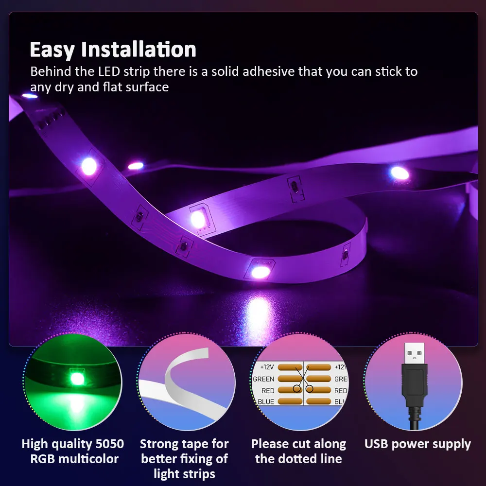 ColorRGB 5050 Led Strip Light Bluetooth App 5V USB Led Tape Flexible Ribbon Diode Tape for TV Backlight 16millon colors