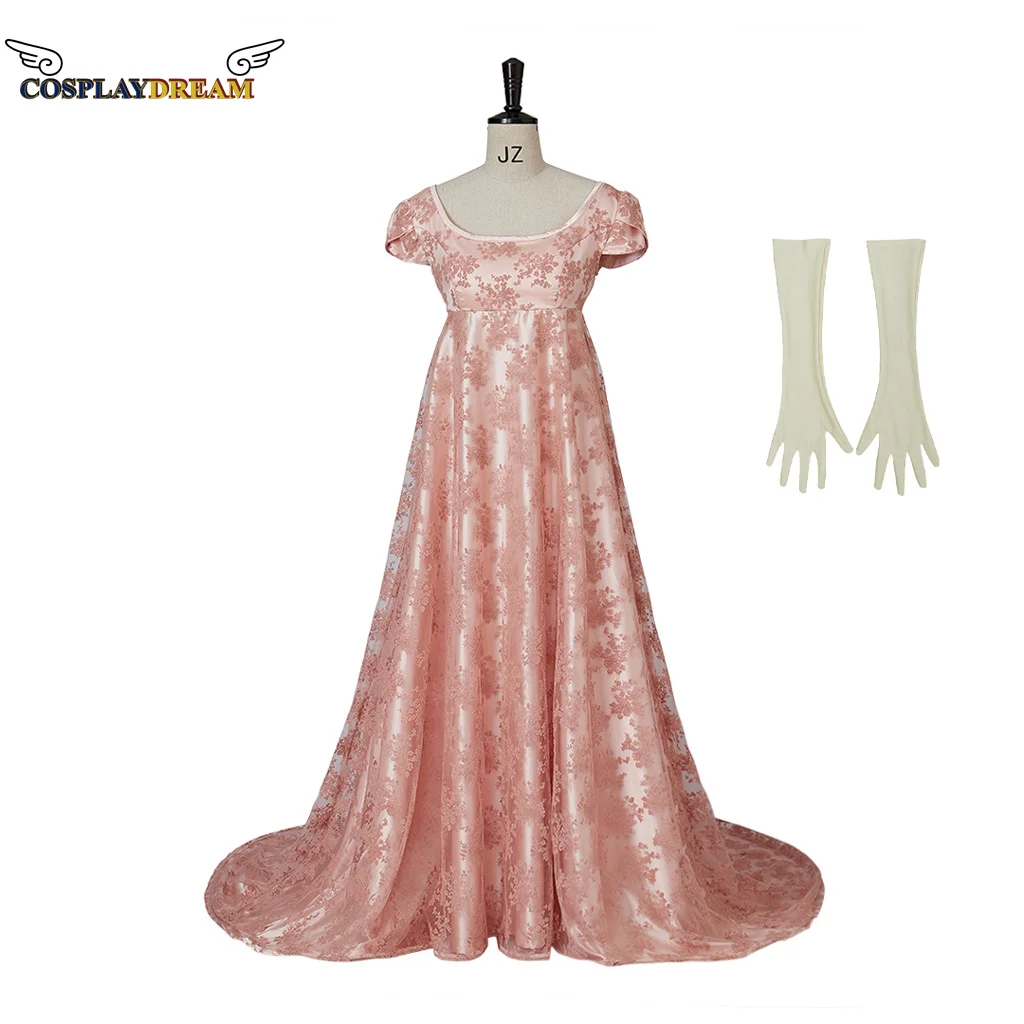 

Edwina Cosplay Sharma Costume Dress High Waistline Regency Maxi Prom Dress with gloves Costume Pink Party Dress