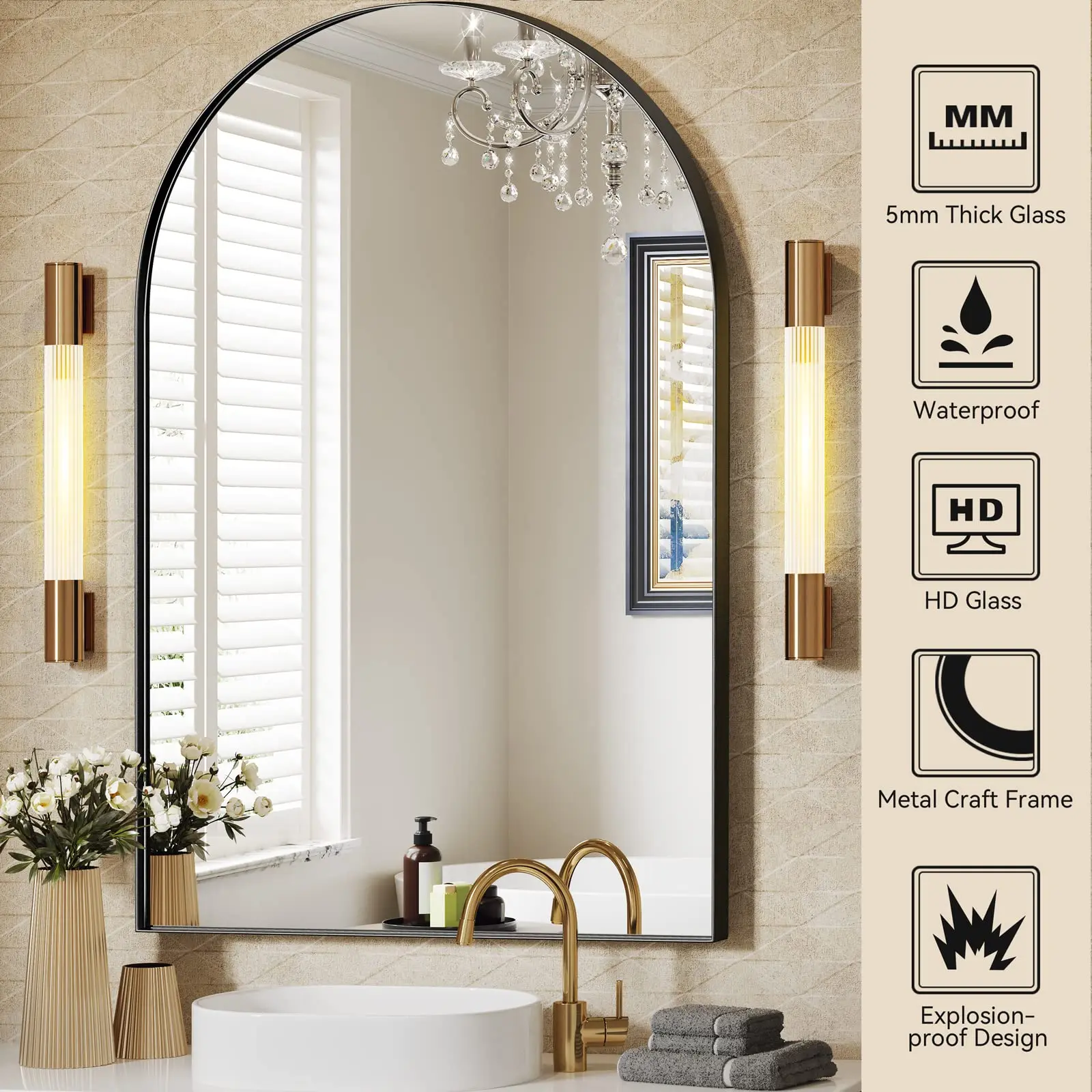 Brightify Arched Mirror, Arched Wall Mirror, 24 x 36 Inch Black Arch Mirror, Metal Frame Black Bathroom Mirror, Arched Top Bathr