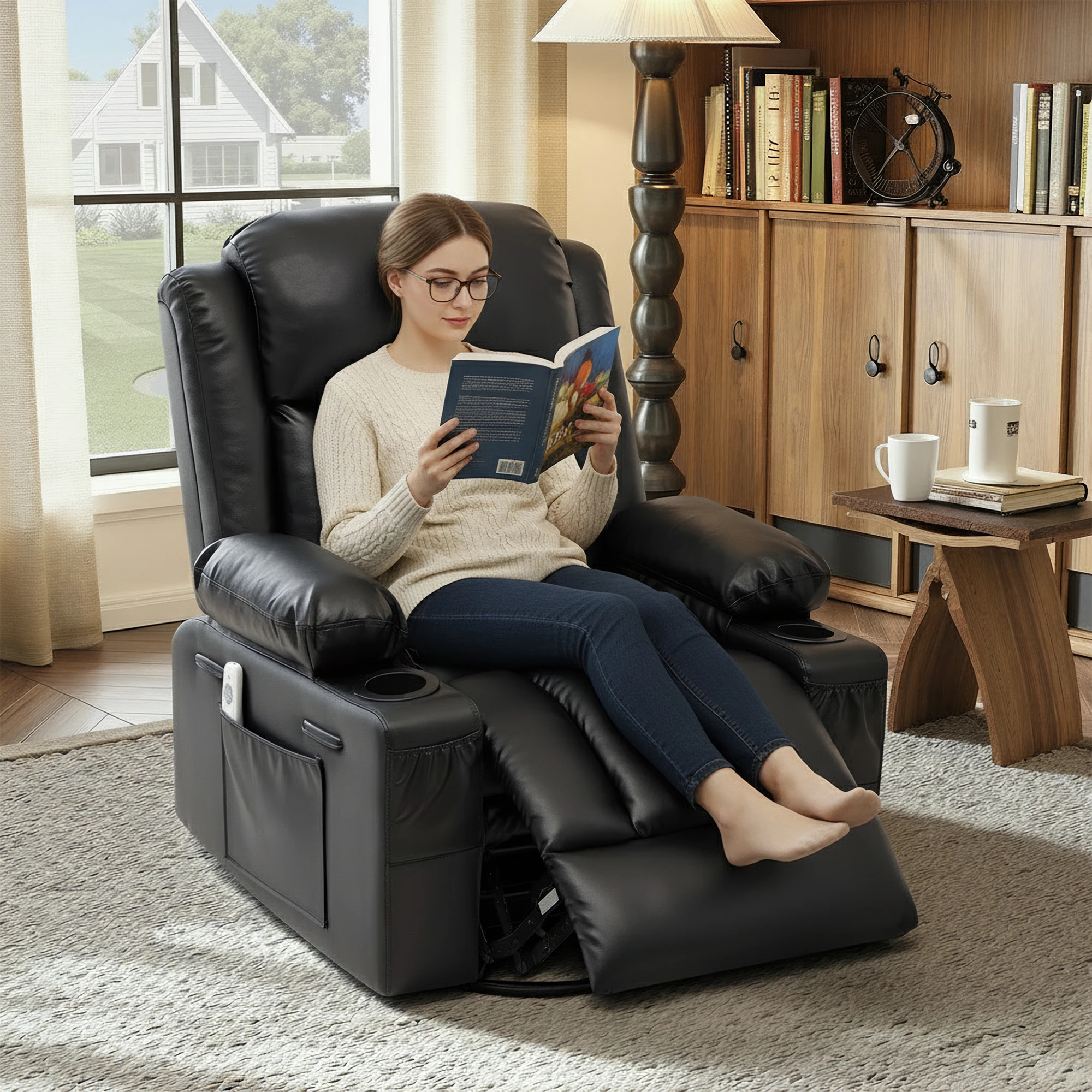PU Leather Manual Recliner Chair, 360° Swivel Rocker Recliner with Vibration Massage Heating Function, Cup Holder Side Pockets for Living Room