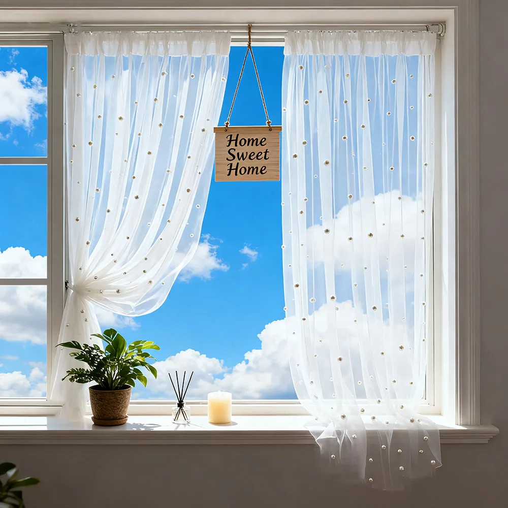 2pcs Romantic White Pearl Tulle Curtain with a Rod Pocket at the Top, Suitable for Weddings, Parties, and Door Curtain Decor.