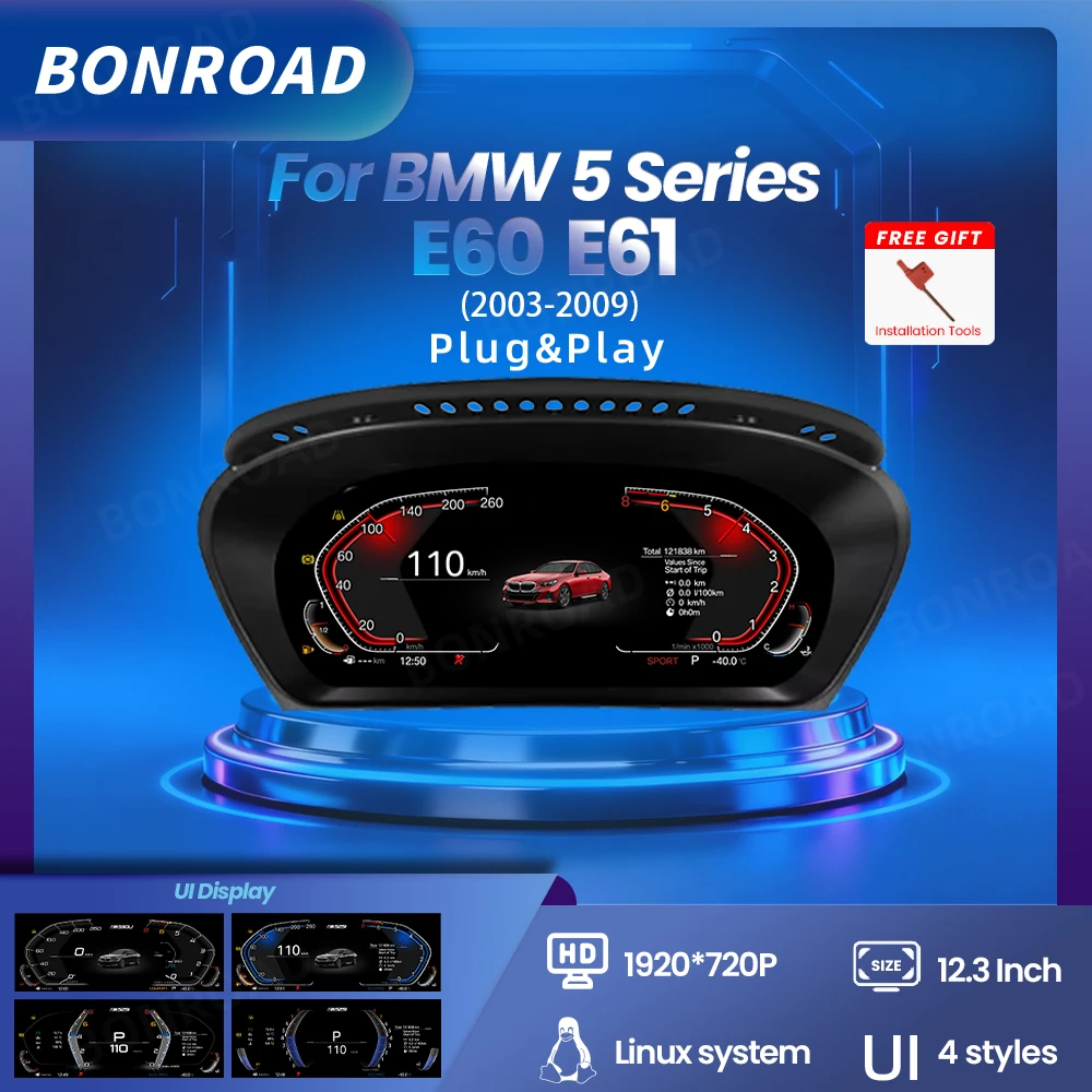 BONROAD 12.3 "LCD numérique CarPlay Android Auto groupe d'instruments panneau tableau de bord pour BMW série 5 E60 E61 E63 Navi compteur de vitesse