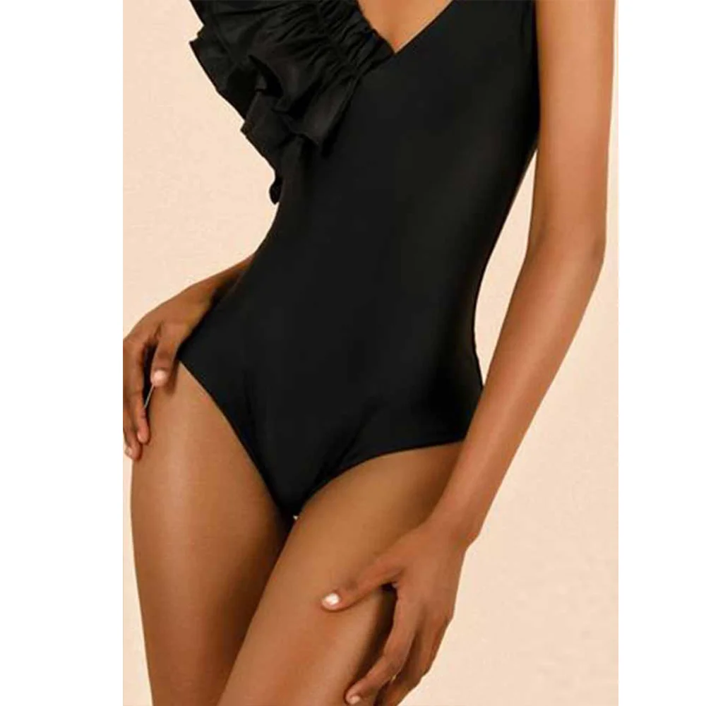 Solid Color Ruffle Deep V One Piece Swimsuit Asymmetrical Holiday Beachwear Black Designer Bathing Suit Summer Surf Wear