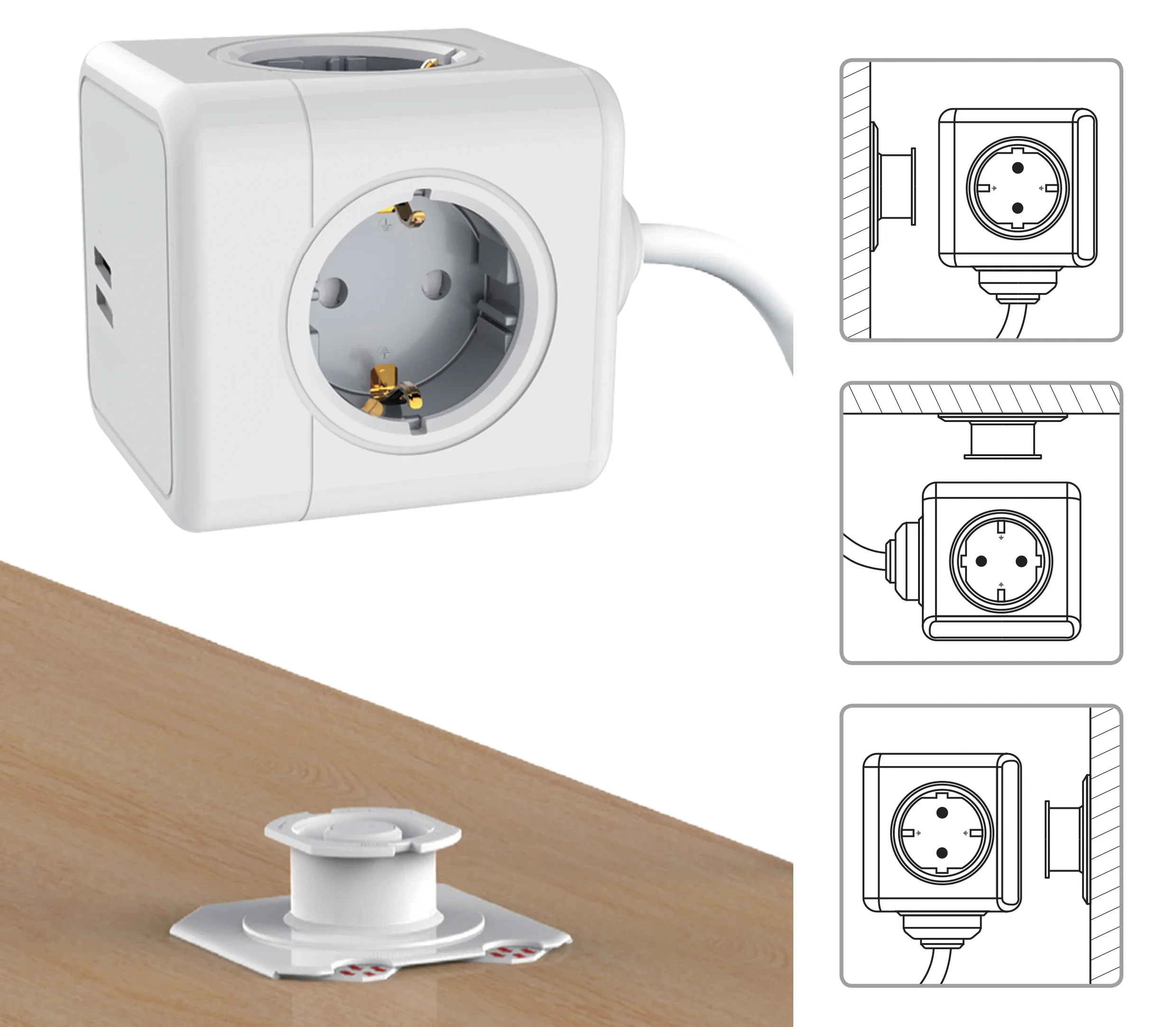 Tira Cúbica JOCCA com Fita Adesiva Removível, 4 Plugs Europeus, 2 Portas USB, Instalado com 4 Portas