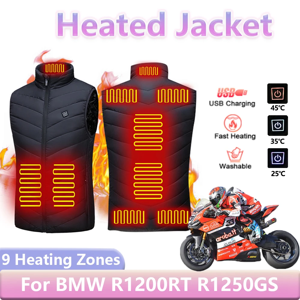 9 Heated Vest Zone for BMW R1200RT R1250GS F900R K1600GT Electric Heated Jacket Unisex Sportswear Coat Graphene USB Heating Auto