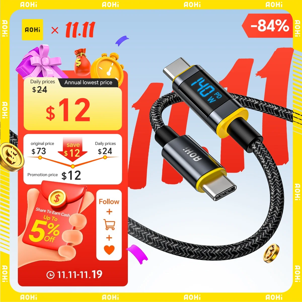 AOHI Magline+140W Nylon USB C to USB C LED Digital Display Cable 4ft