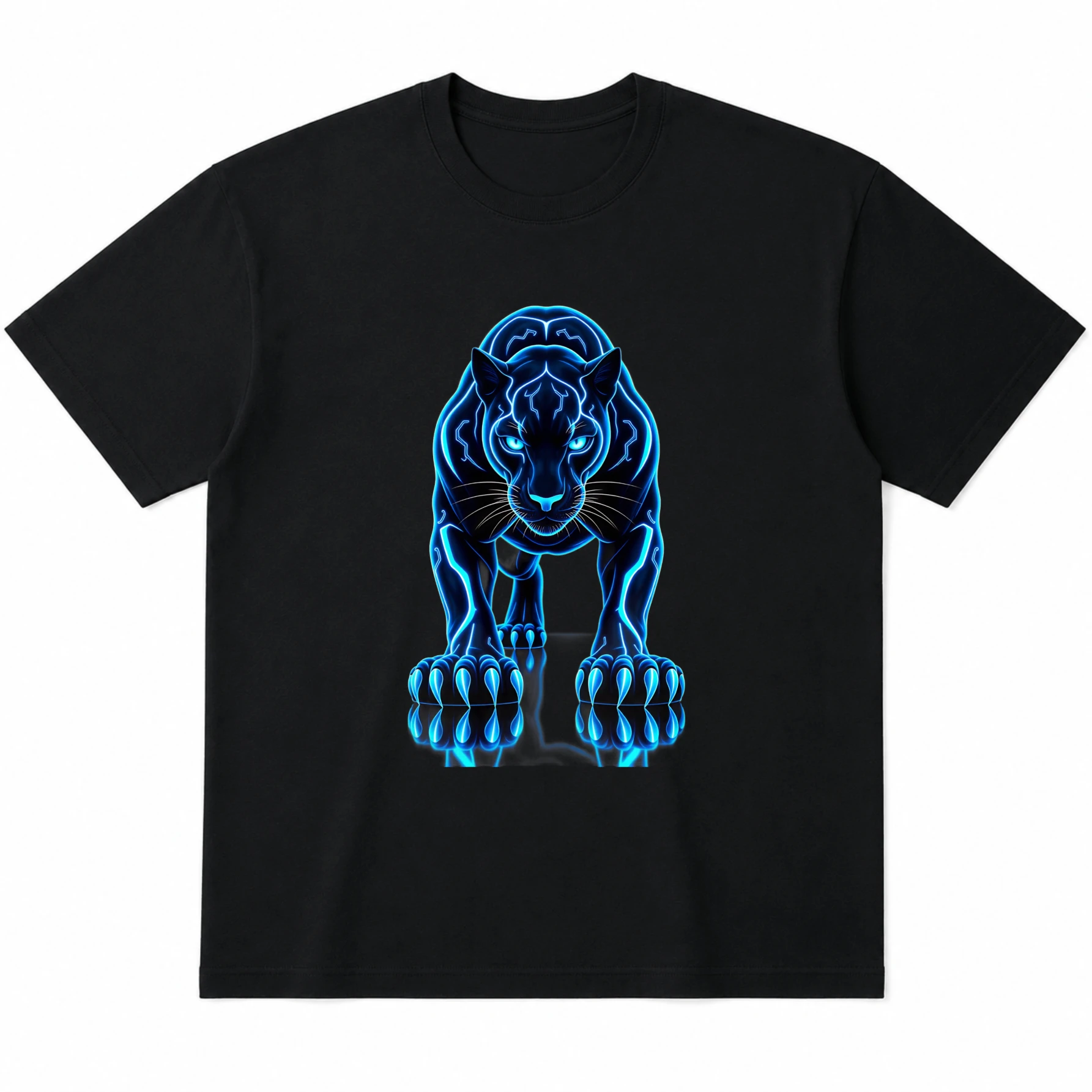 T-shirt unisex in cotone nero, con stampa neon Panther Blue, stile cyberpunk, motivo felino, aspetto potente, grafica urbana, maniche corte.