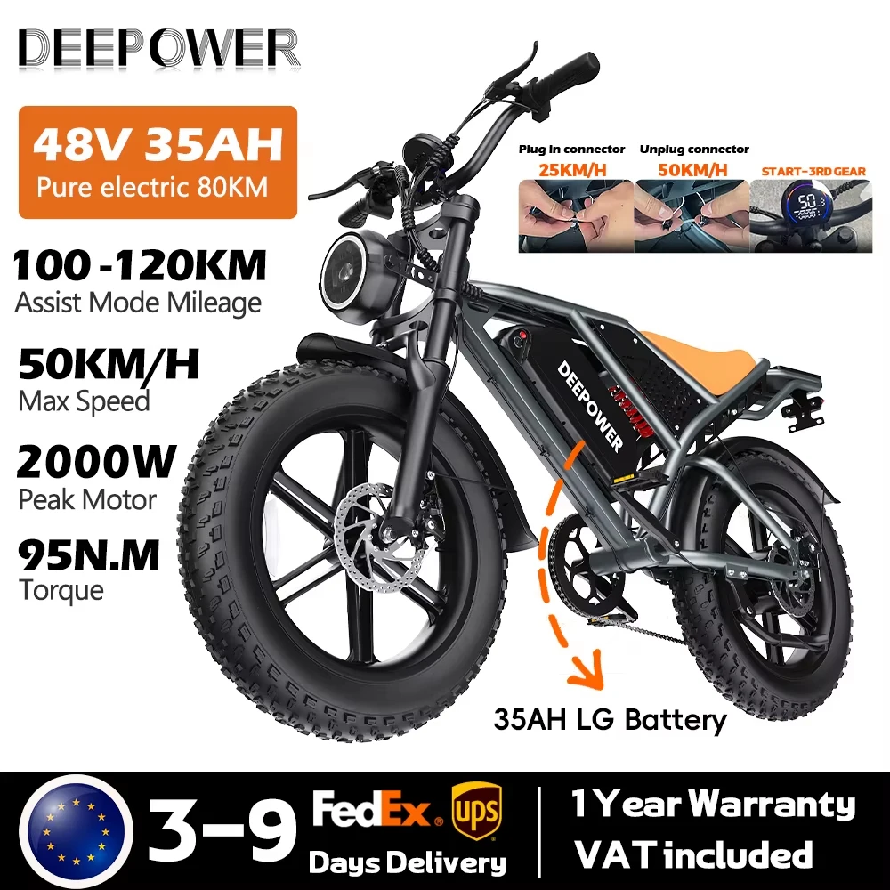DEEPOWER QS7 2000W Elektrische Fiets 48V60Ah Dubbele Accu 20 Inch Vetband E-Bike Mountain Snow Elektrische Fiets voor Volwassen Mannen en Vrouwen