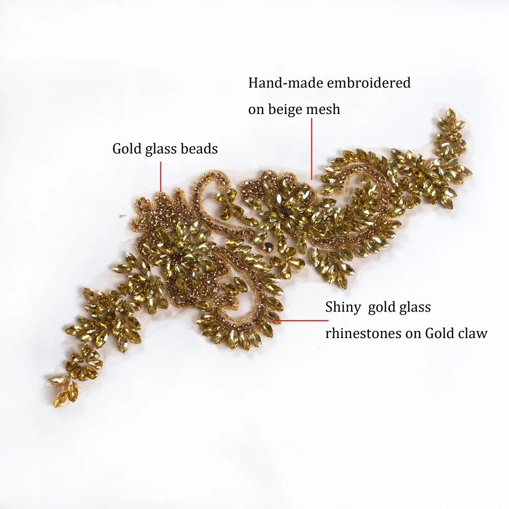 HelluyerDc Gold-Strass-Perlenapplikation, 14 cm x 39 cm große Applikation für Kleidungsdekoration, Stickerei auf Tüll zum Aufnähen