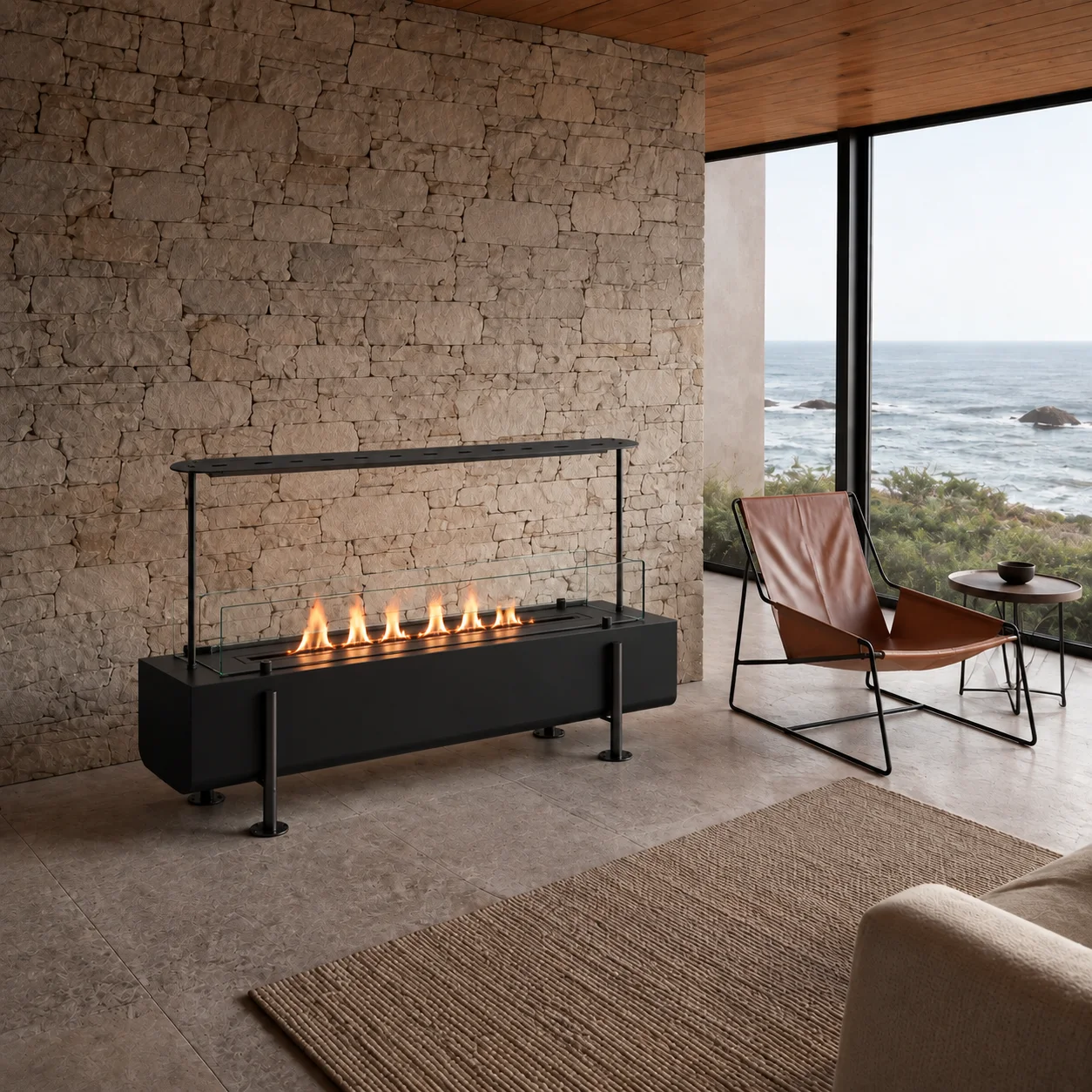 SXFireplace Modern Freestanding Linear Bioethanol Fireplace with Black Metal Body and Bronze Tone Legs