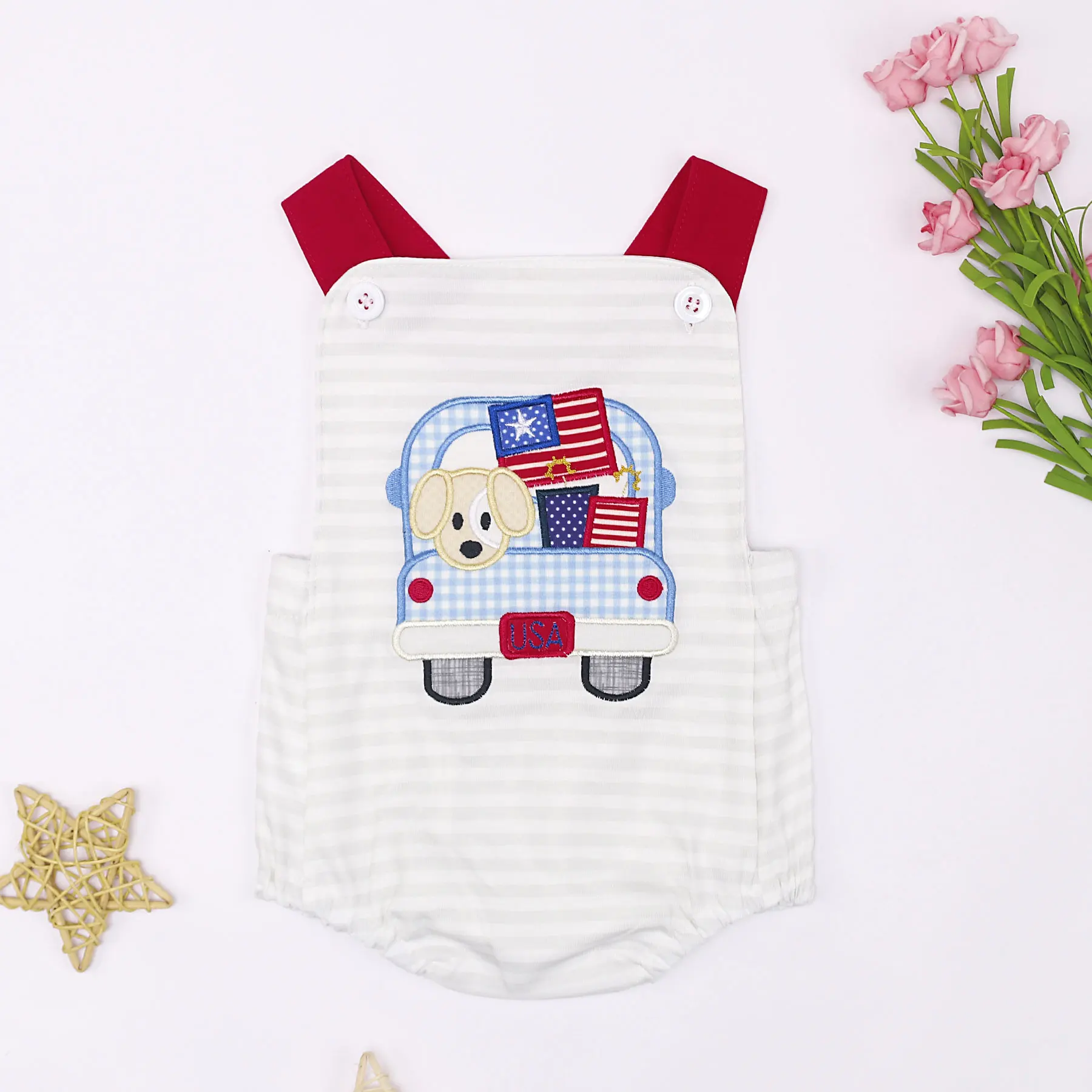 

Baby Boy Clothe Summer Fshion Style Bubble Cotton Sleeveless Design Boutique Sweet Ropmer With Flag Puppy Embroidery For 0-3m