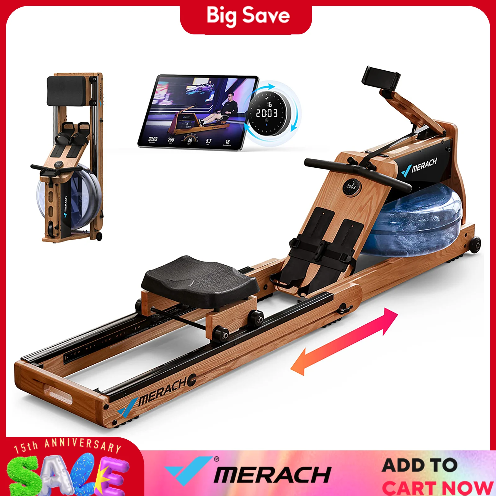 Máquina de remo MERACH, máquina de remo electromagnética de agua de madera plegable, aplicación exclusiva, membresía de por vida, tecnología MERACH Go