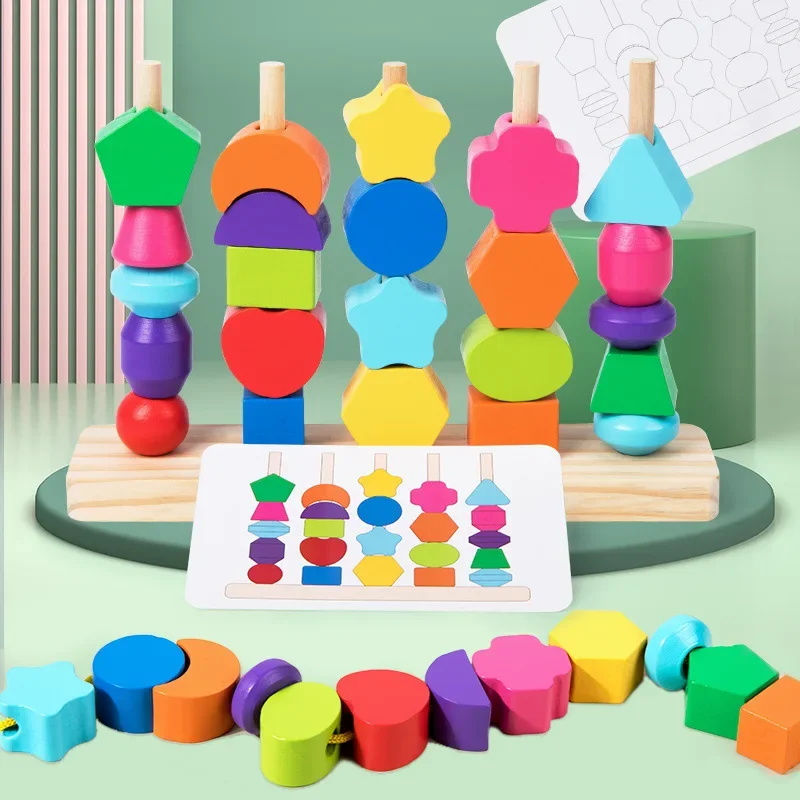 Ensemble de jouets de séquence de perles en bois Montessori, blocs colorés empilables à cinq colonnes, perles de lançage, empileur de formes assorties