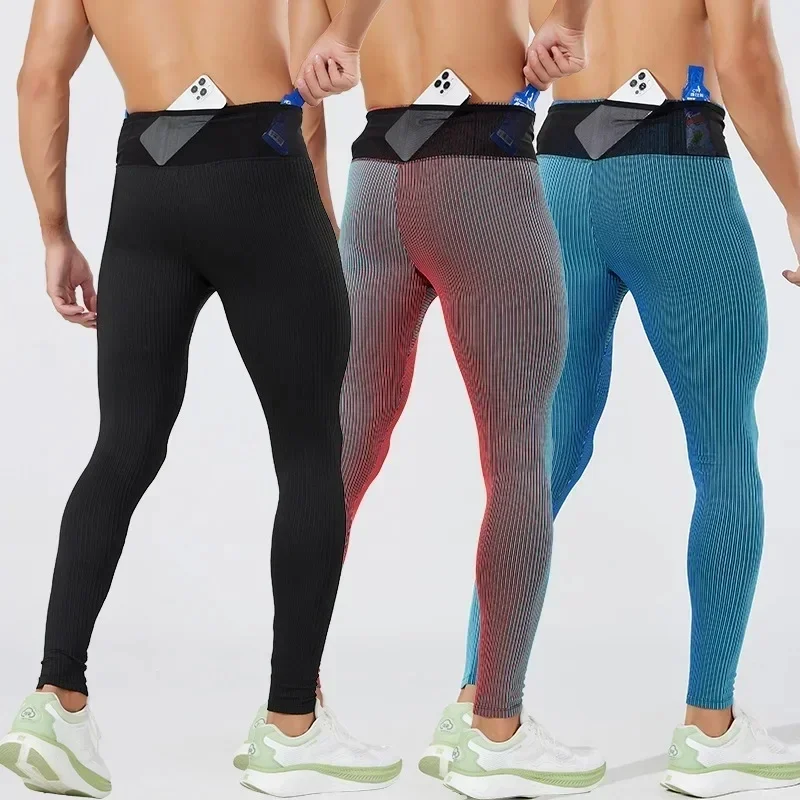 Mężczyźni kobiety maraton bieganie w terenie treningowe spodnie kompresyjne szybkoschnące rajstopy legginsy sportowe Fitness męski pas biodrowy kieszeń na torbie — zdjęcie 2