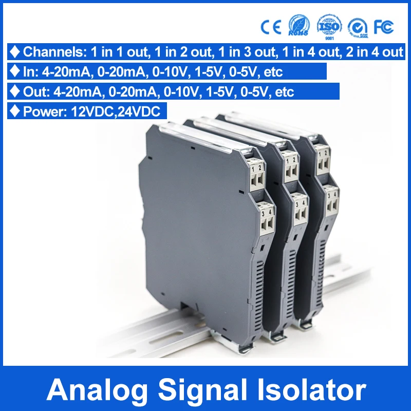 1 In 2 Out DC 4-20mA Analog Signal Isolator 0-10V Converter 35MM rail installation