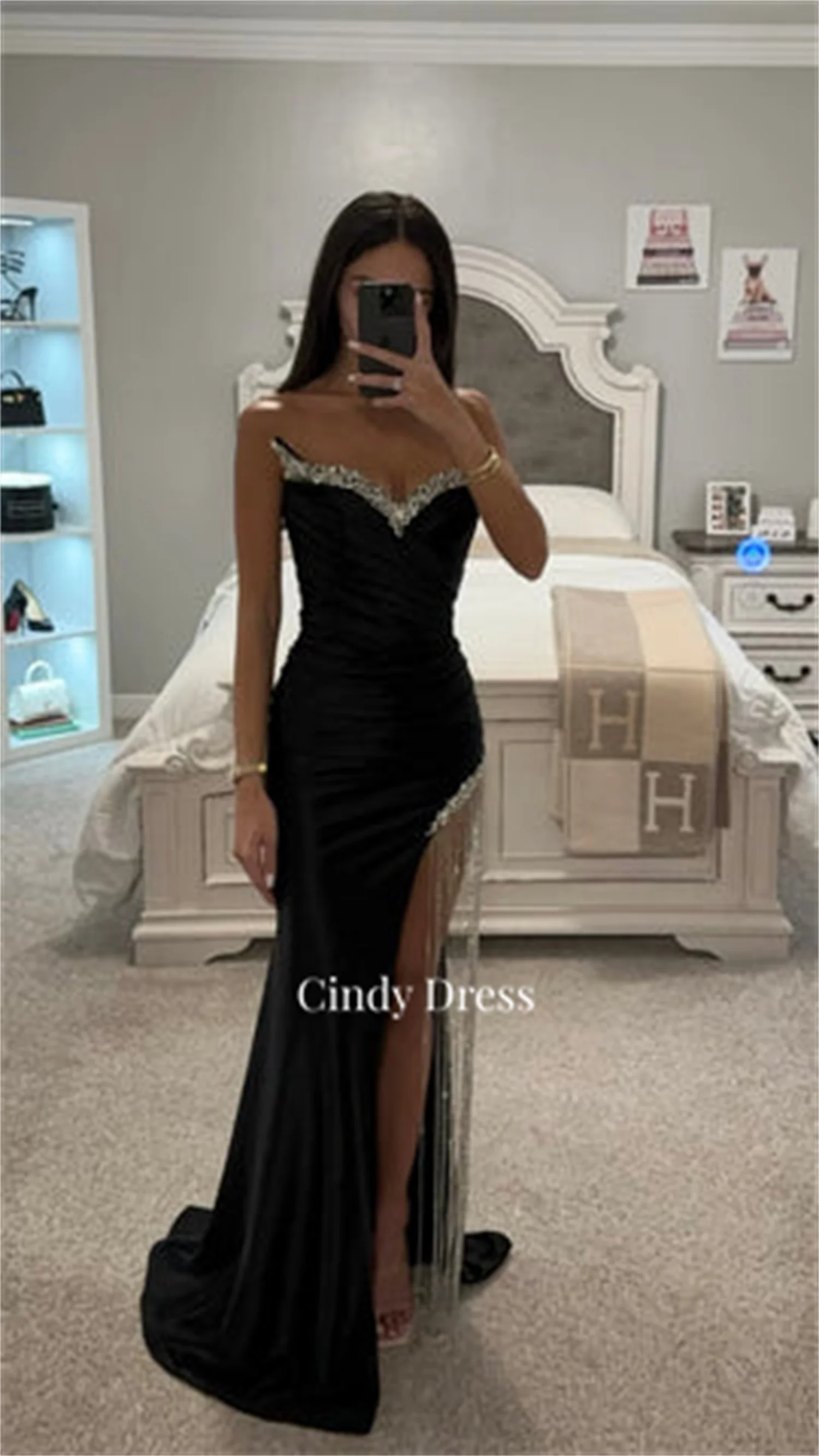 Cindy Black Mermaid Diamond Beaded Satin Dresses Gala Dress Party Evening Elegant Luxury Celebrity Wedding 2023 Women's Saudi